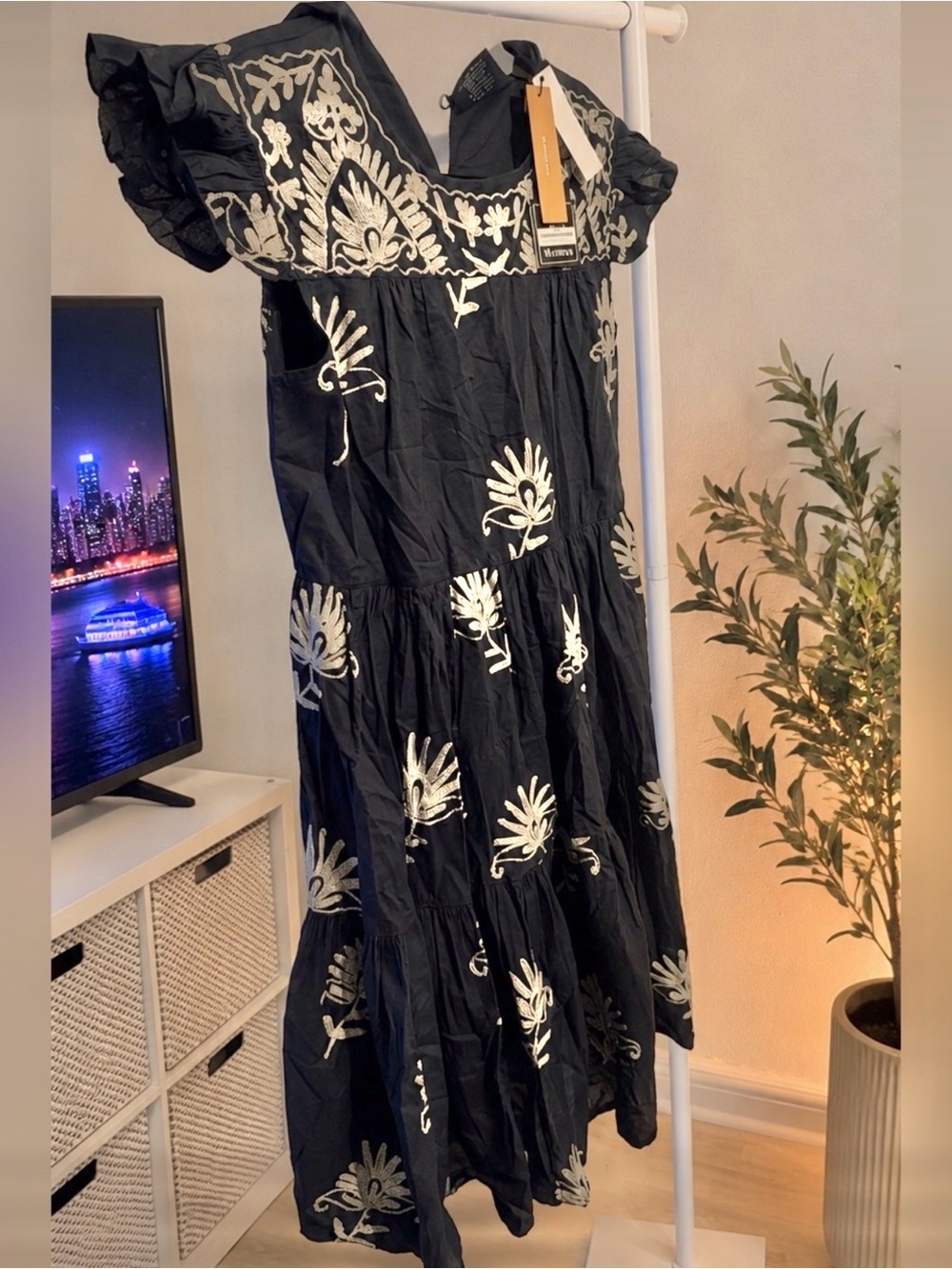 New with tags Embroidered Navy Tiered Maxi Dress with Ivory Floral Motif